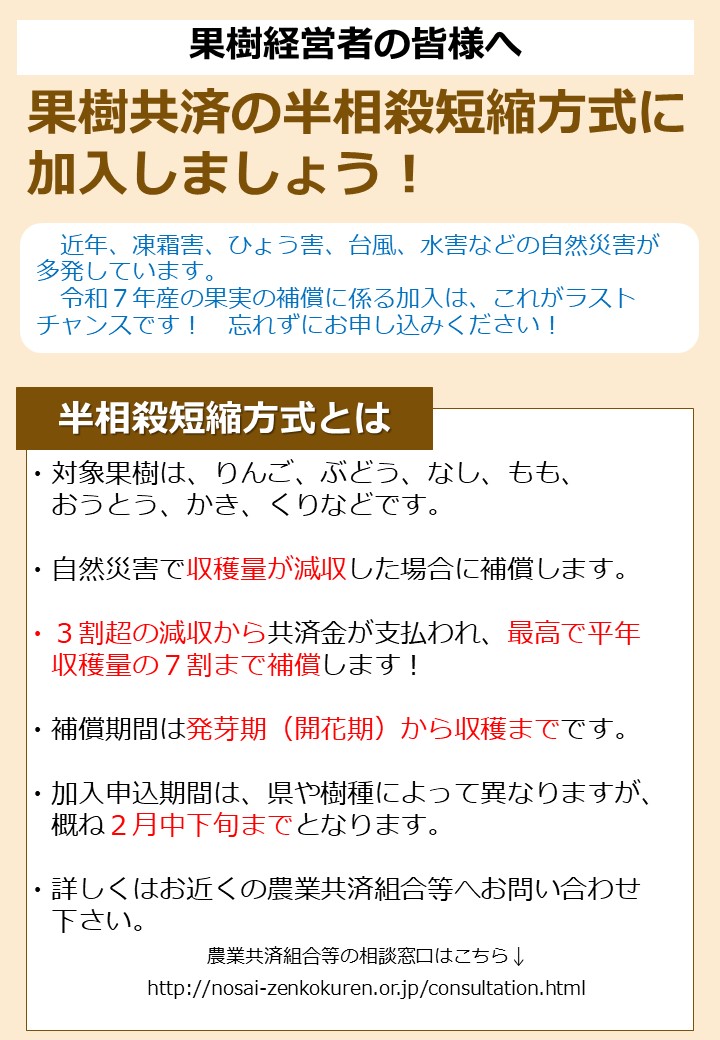 自然災害等に備えて果樹共済に加入しましょう！