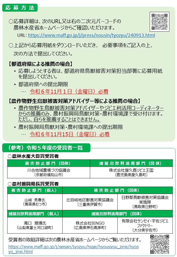 【募集】「令和６年度鳥獣対策優良活動表彰」候補者募集中！